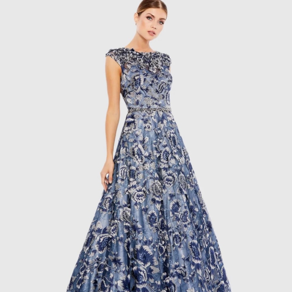 Mac Duggal Blue Maxi Gown with Cap Sleeves for Prom
